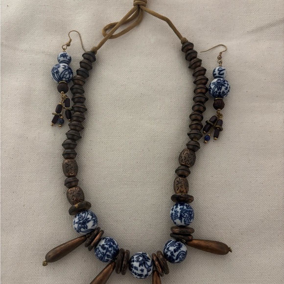 Handmade Blue Porcelain and Copper Beaded Necklace and Drop Earring Set - Picture 2 of 2